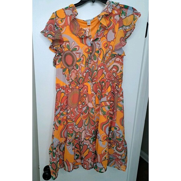 Marissa Olivia Orange Floral Boho Hippie Dress Women’s V-Neck Ruffle Small NWT - Picture 1 of 16